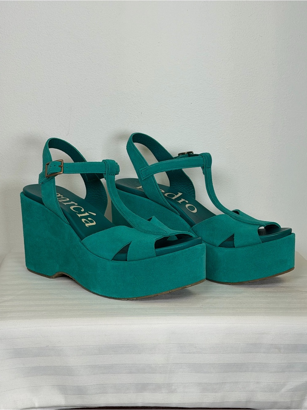 New! Pedro Garcia ‘Domiel’ Teal Suede Platform Wedge Sandal Womens Size 9.5/39.5